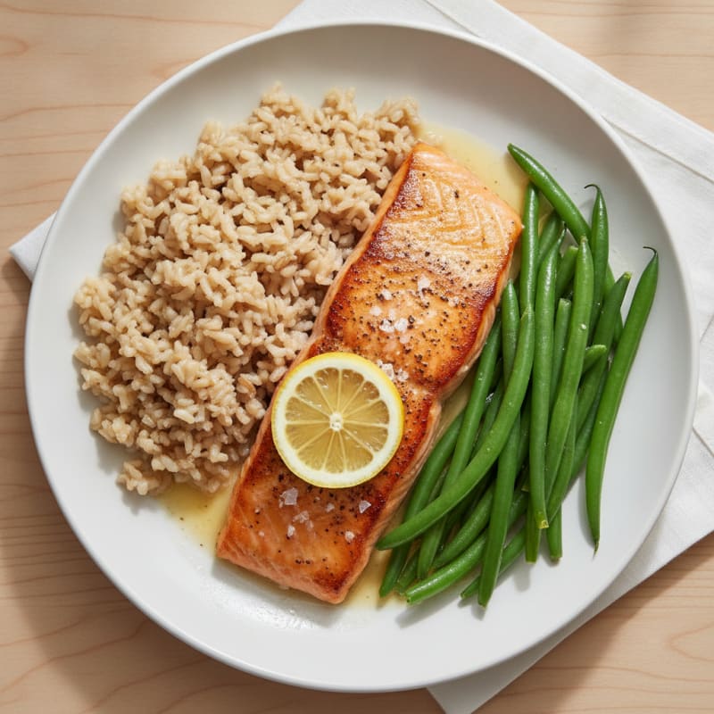 Seared Salmon Fillet with Steamed Green Beans and Brown Rice