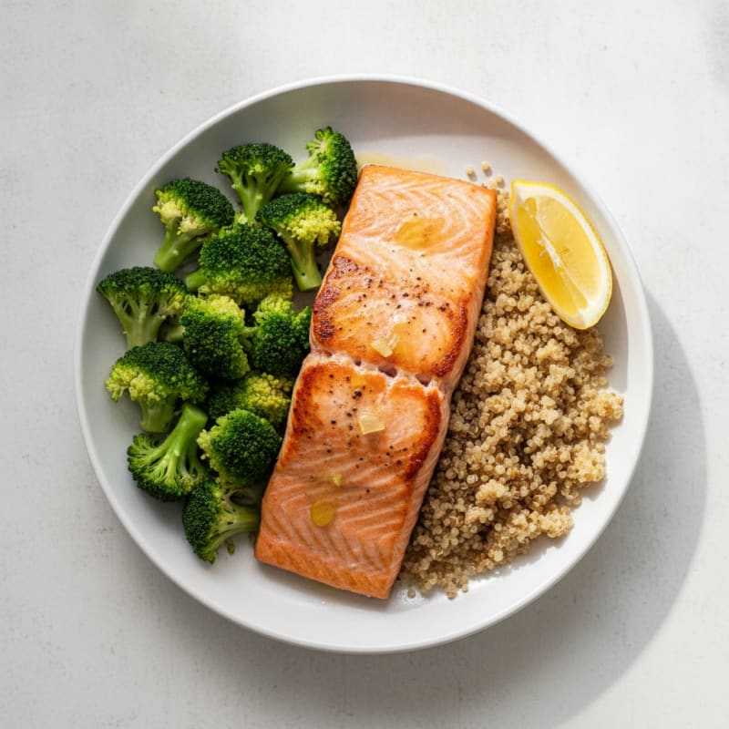 Seared Salmon Fillet with Steamed Broccoli and Quinoa