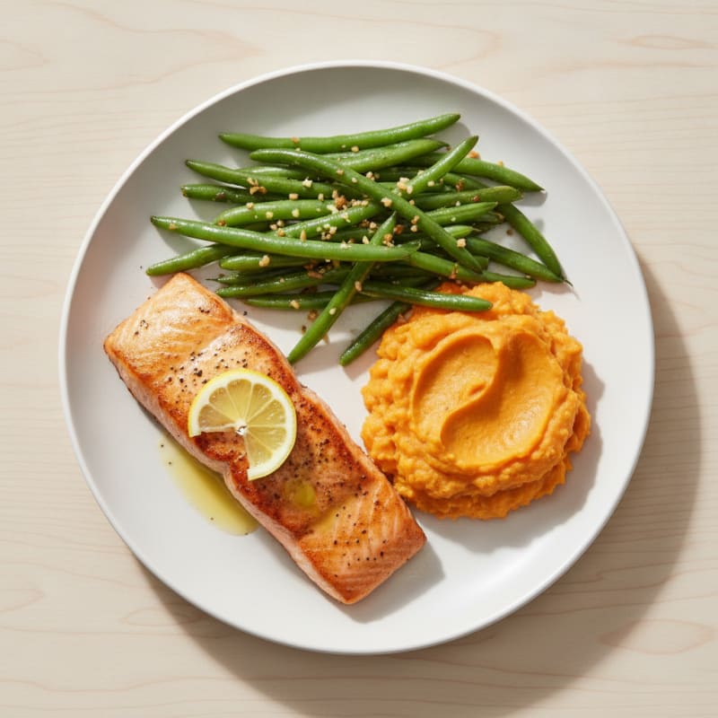 Seared Salmon with Garlic Green Beans and Sweet Potato Mash