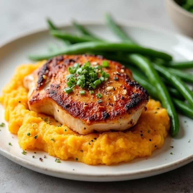 Seared Chicken Thighs with Garlic Green Beans and Sweet Potato Mash