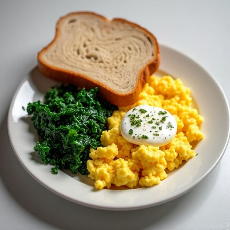 Scrambled Eggs with Cottage Cheese and Sautéed Spinach