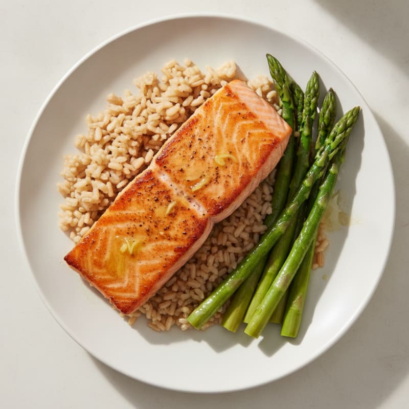 Seared Salmon with Steamed Asparagus and Brown Rice