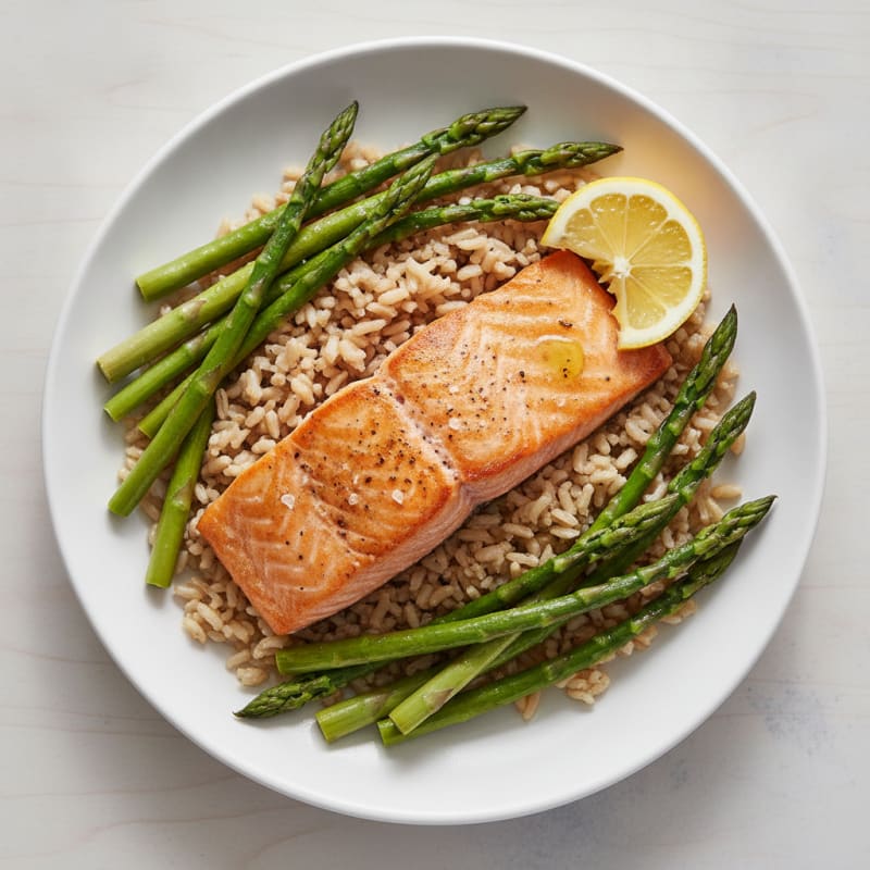 Seared Salmon Fillet with Steamed Asparagus and Brown Rice