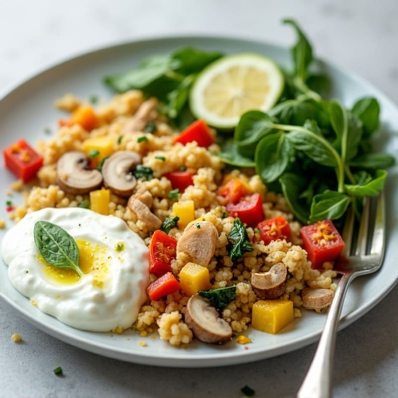 Egg White Veggie Scramble with Greek Yogurt and Sliced Turkey