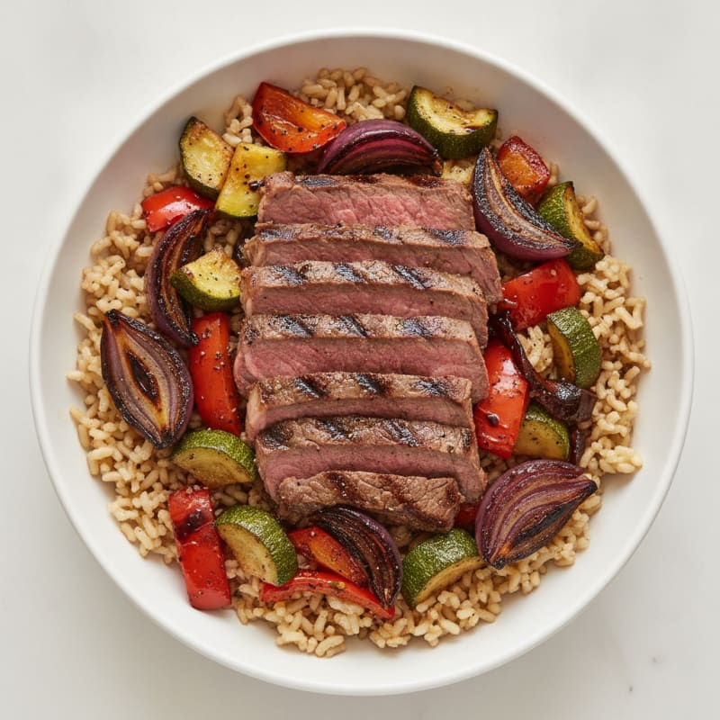 Grilled Beef and Roasted Vegetable Rice Bowl