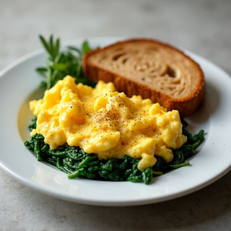 Creamy Scrambled Eggs with Crispy Whole Wheat Toast and Sautéed Spinach