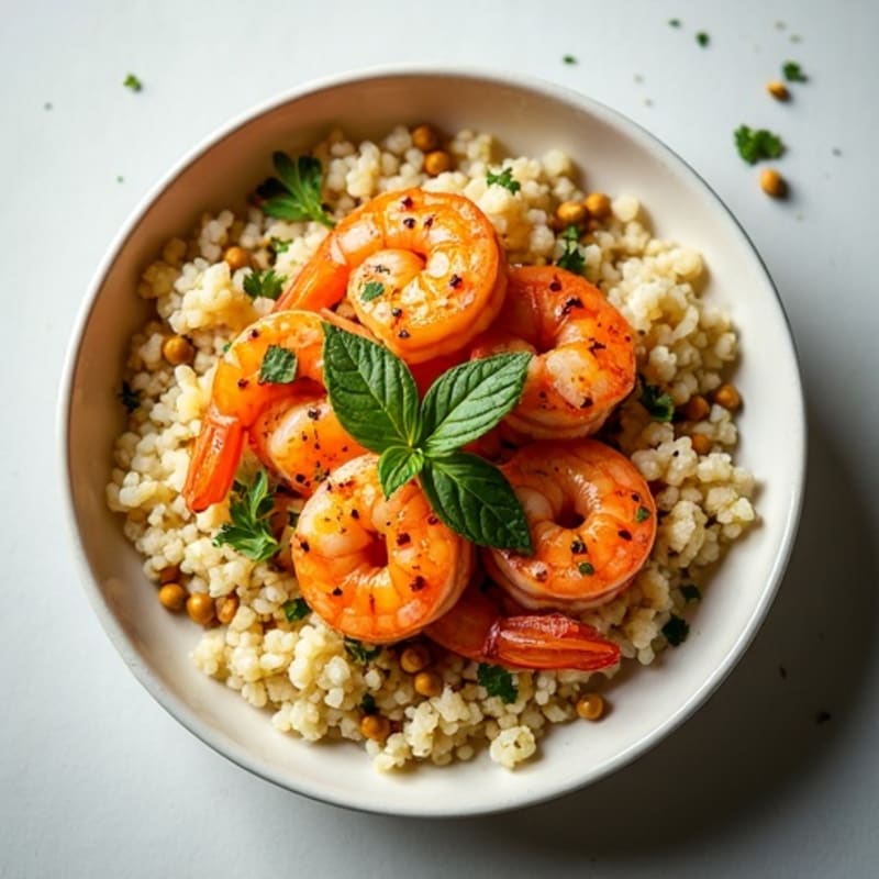 Spicy Shrimp and Cauliflower Rice Bowl with Crunchy Pepitas and Fresh Herbs
