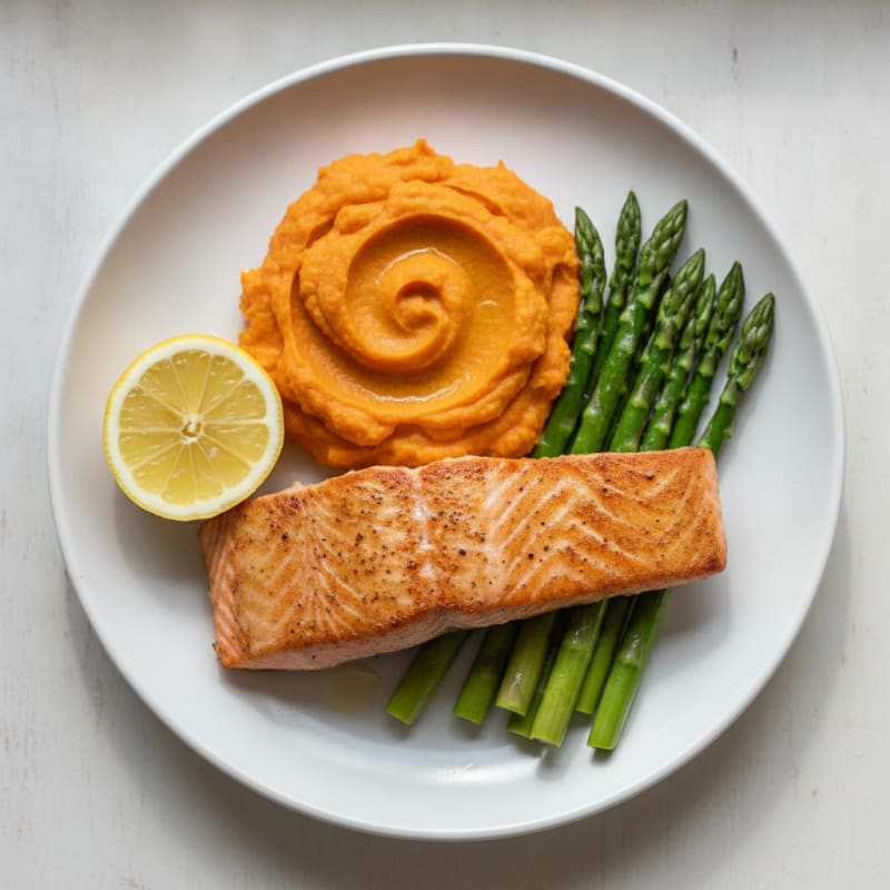Seared Salmon with Steamed Asparagus and Sweet Potato Mash