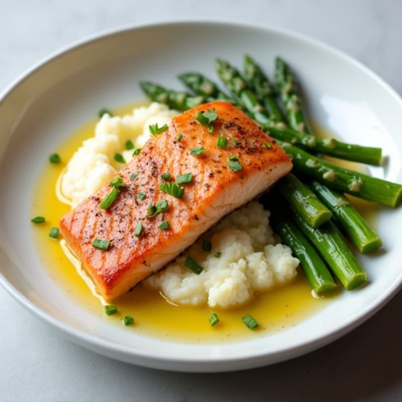 Seared Salmon with Steamed Asparagus and Cauliflower Mash