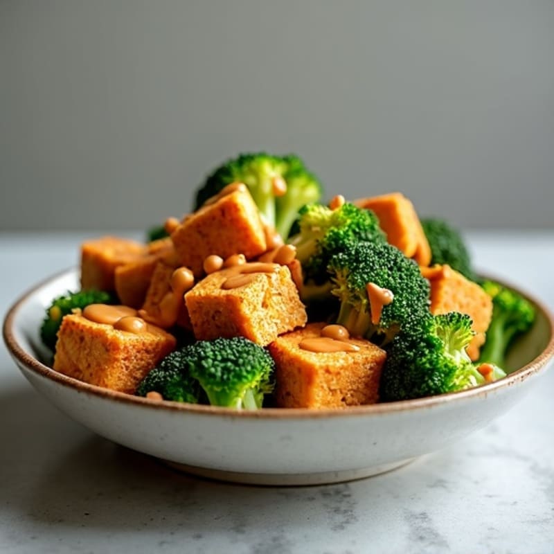Crispy Baked Tofu with Spicy Peanut Sauce and Roasted Broccoli