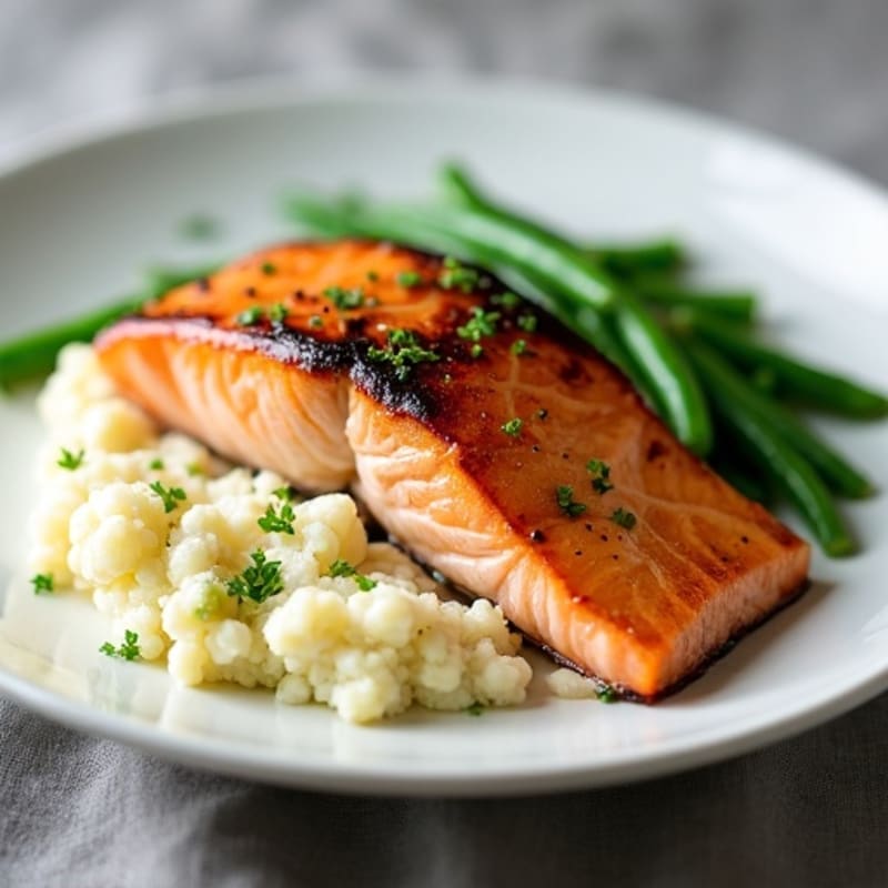 Seared Salmon Fillet with Steamed Green Beans and Garlic Mashed Cauliflower