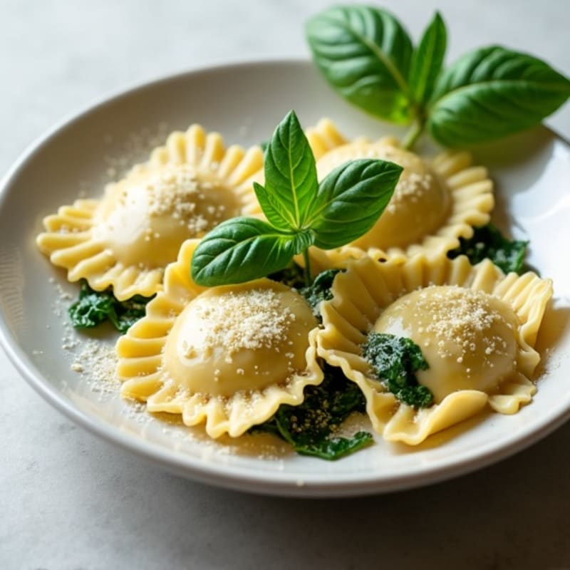 Herb-Ricotta Spinach Ravioli with Roasted Garlic Sauce