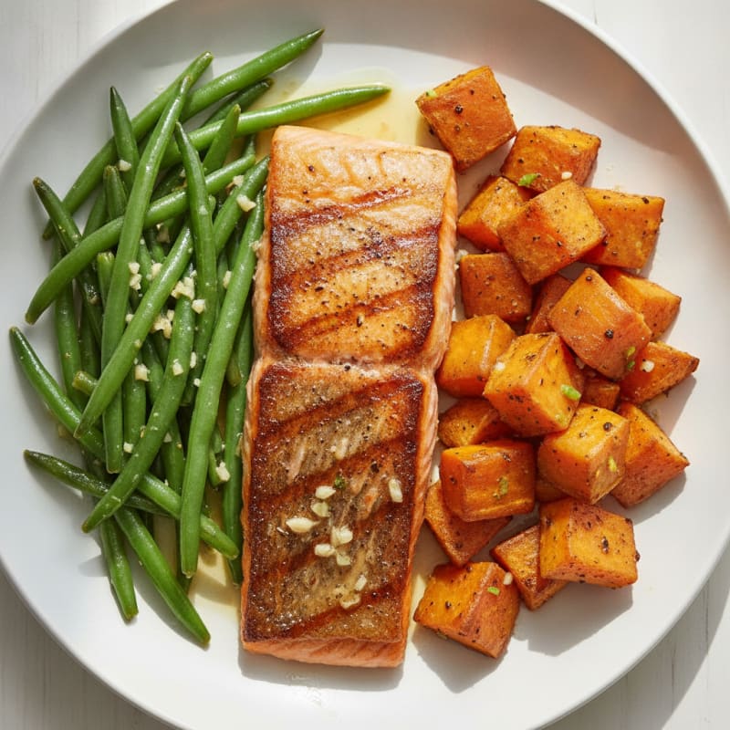 Seared Salmon with Roasted Sweet Potato and Green Beans