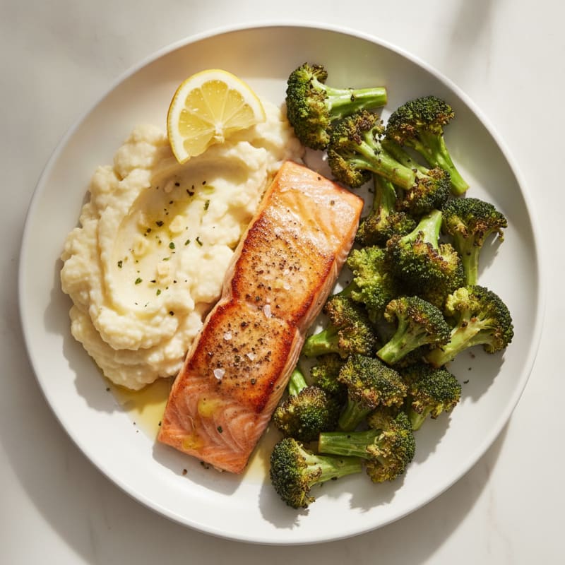 Seared Salmon with Roasted Broccoli and Garlic Mashed Cauliflower