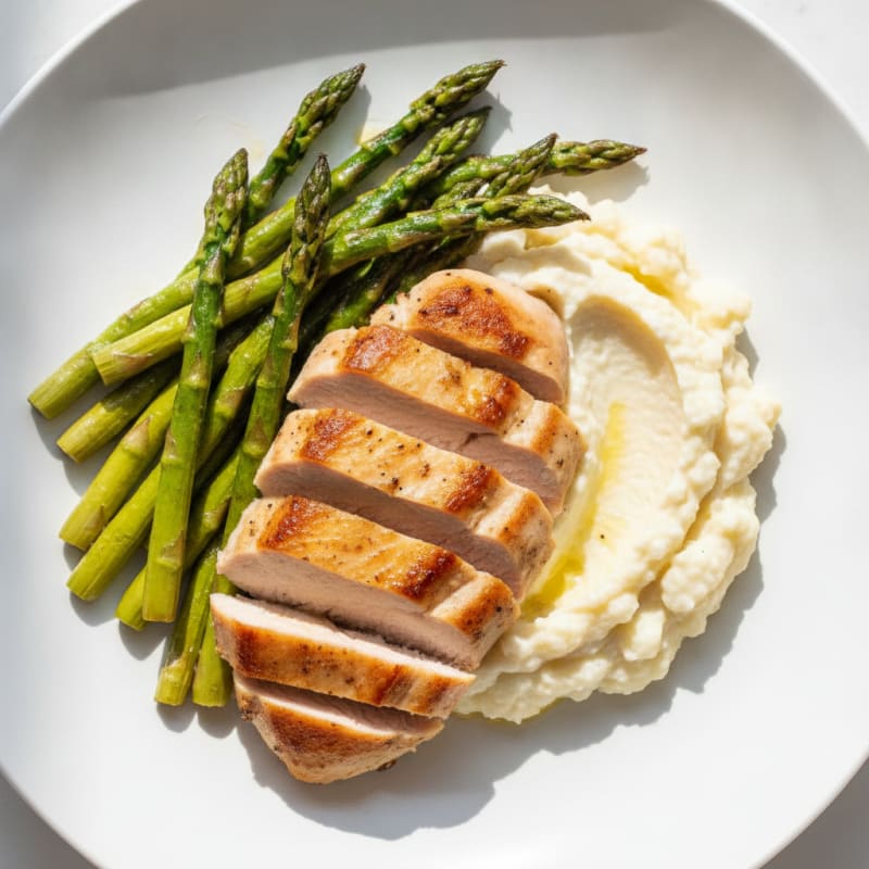 Seared Turkey Breast with Roasted Asparagus and Cauliflower Mash
