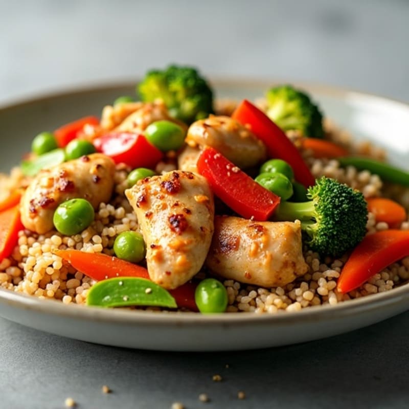 Crispy Chicken and Fresh Vegetable Brown Rice Stir-Fry