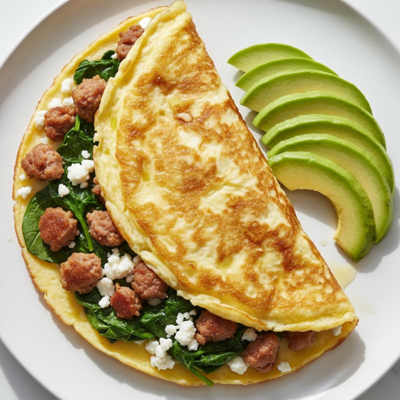 Crispy Egg White Omelet with Turkey Sausage and Sautéed Spinach