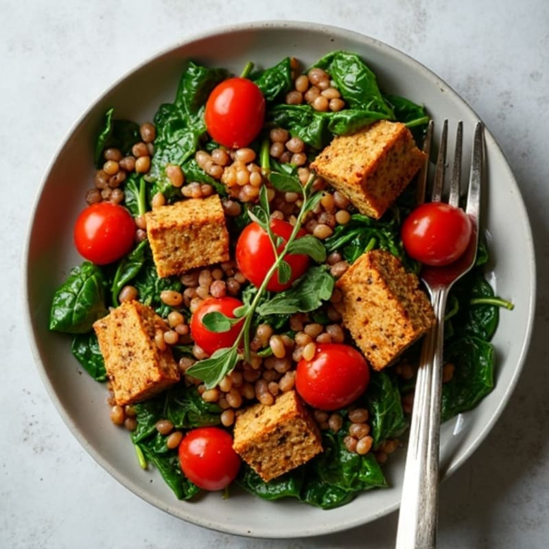 Lentil and Tempeh Skillet with Spinach and Tomato