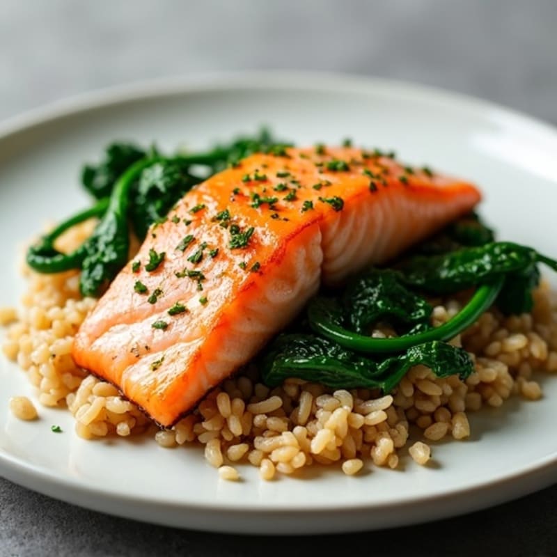 Seared Salmon Fillet with Garlic Sautéed Spinach and Brown Rice