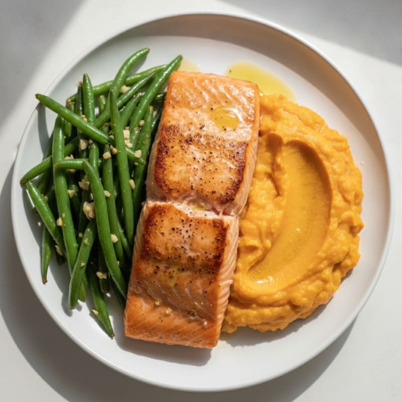Roasted Salmon Fillet with Garlic Green Beans and Sweet Potato Mash