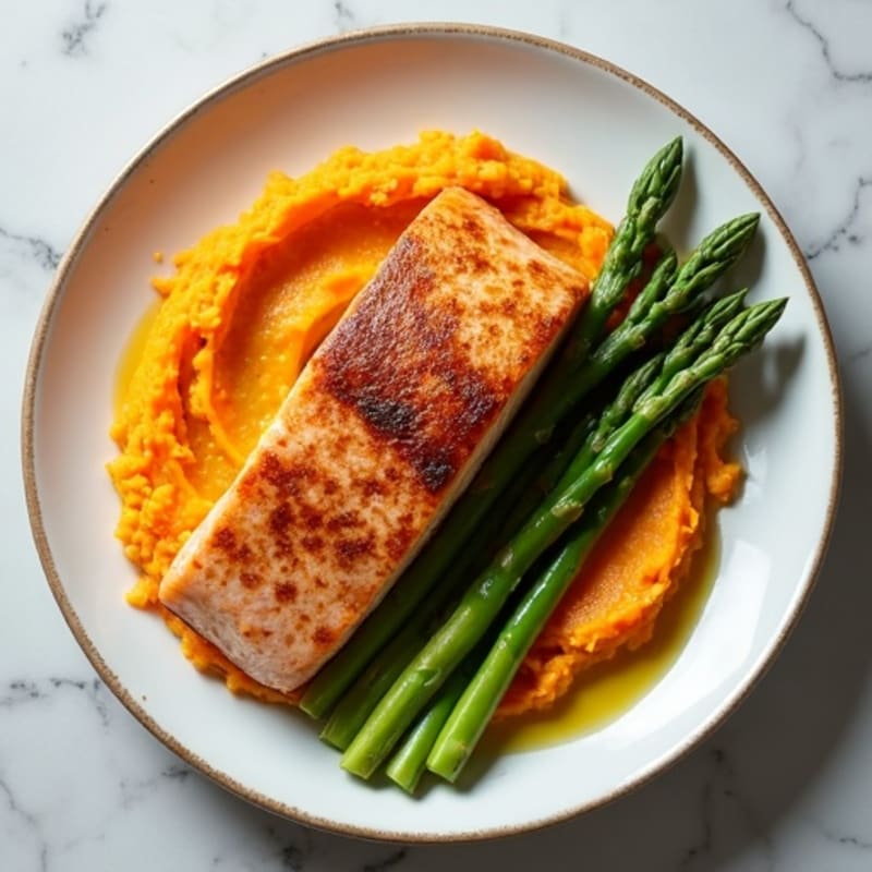 Seared Salmon with Steamed Asparagus and Sweet Potato Mash