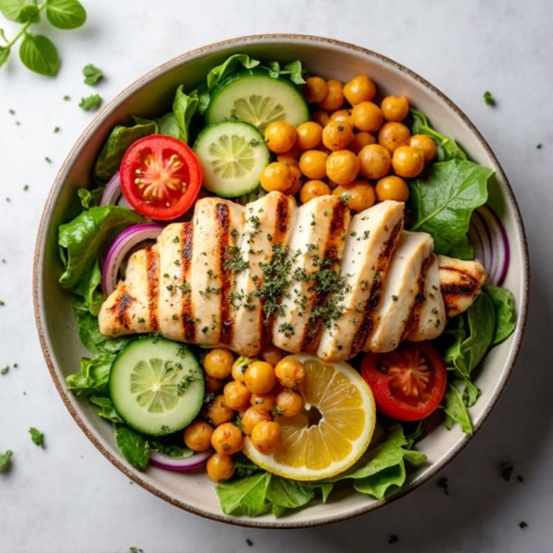 Grilled Lemon-Herb Chicken Salad Bowl with Crispy Chickpeas