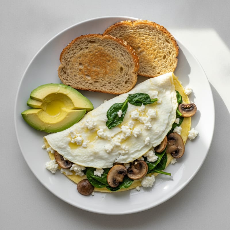Egg White Spinach Omelette with Cottage Cheese and Sautéed Mushrooms