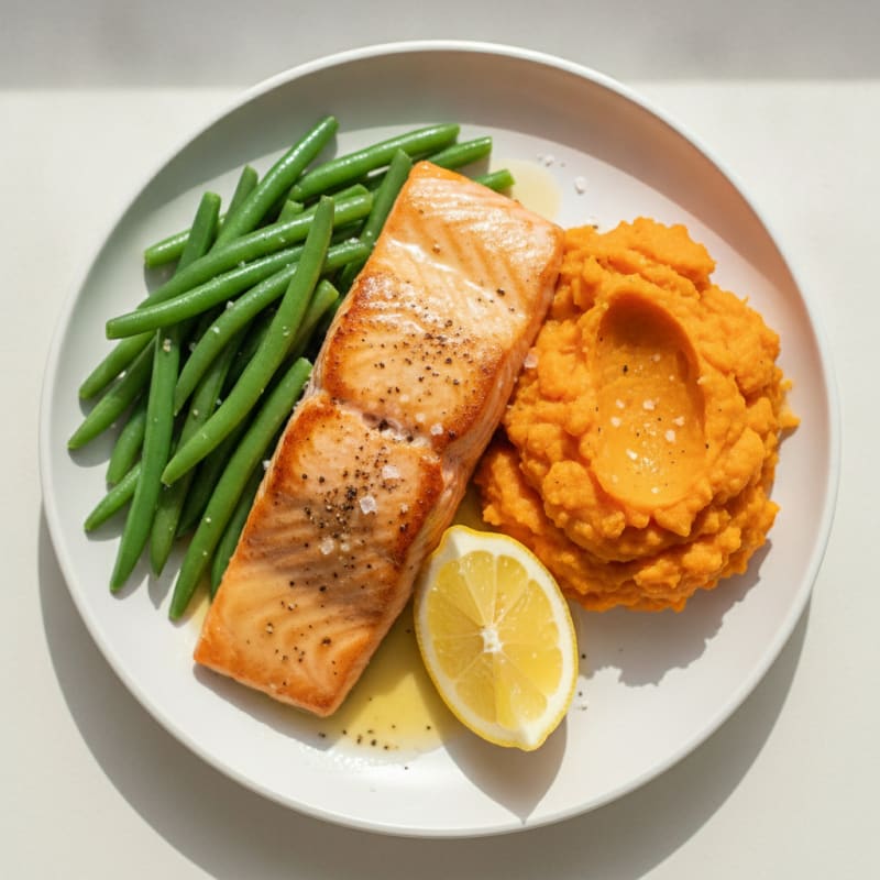 Seared Salmon with Steamed Green Beans and Mashed Sweet Potato