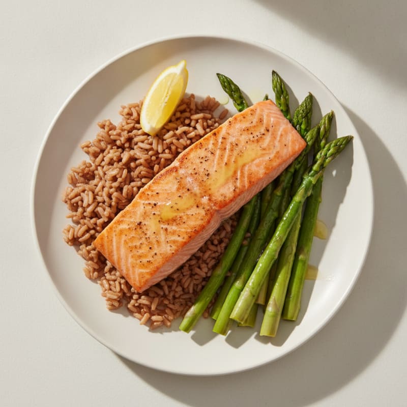 Seared Salmon with Steamed Asparagus and Brown Rice