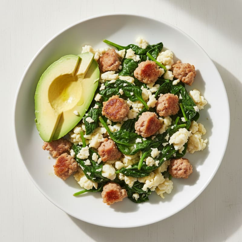 Egg White Scramble with Turkey Sausage and Sautéed Spinach