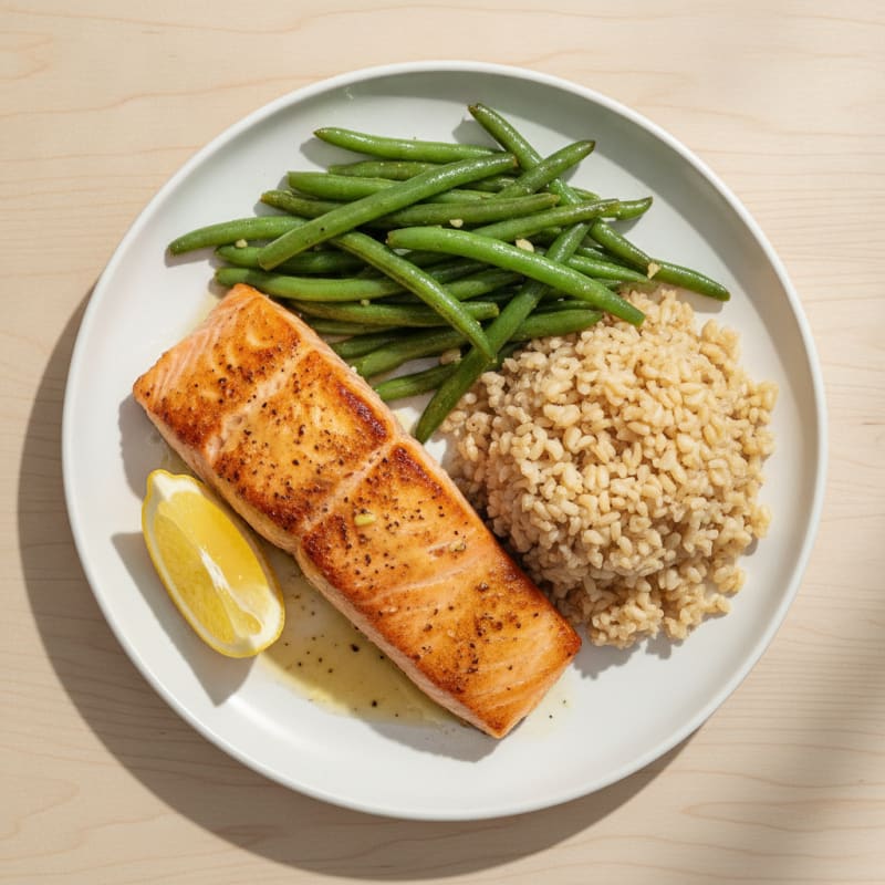 Seared Salmon with Garlic Green Beans and Brown Rice