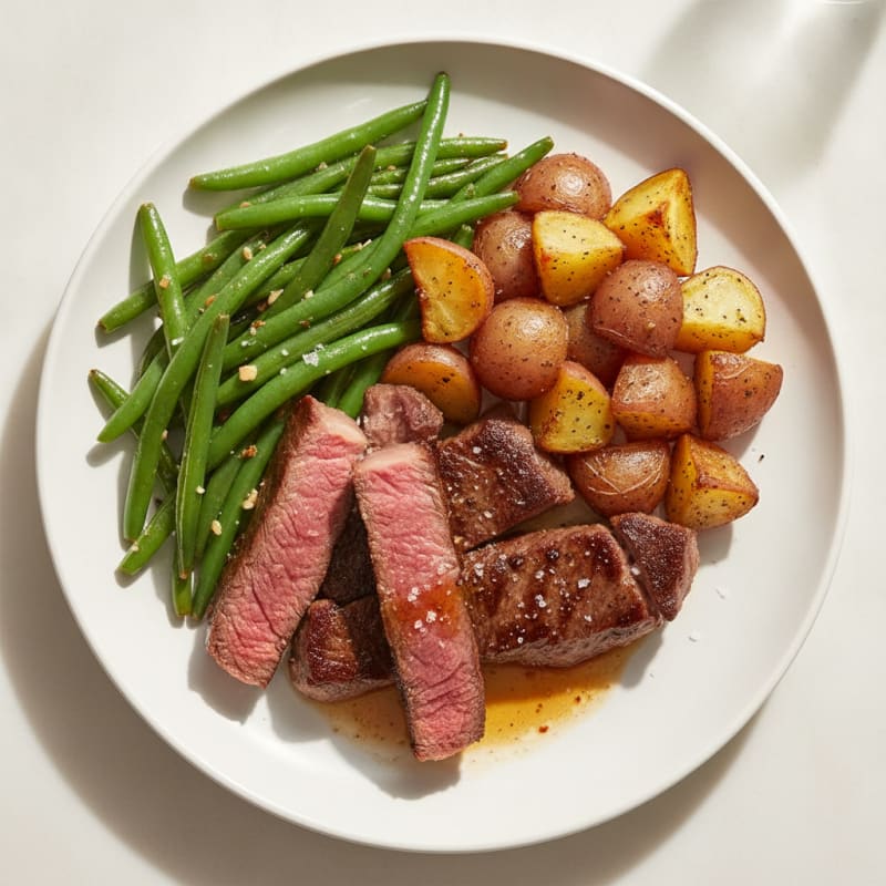 Seared Lean Beef Strips with Garlic Green Beans and Roasted Red Potatoes