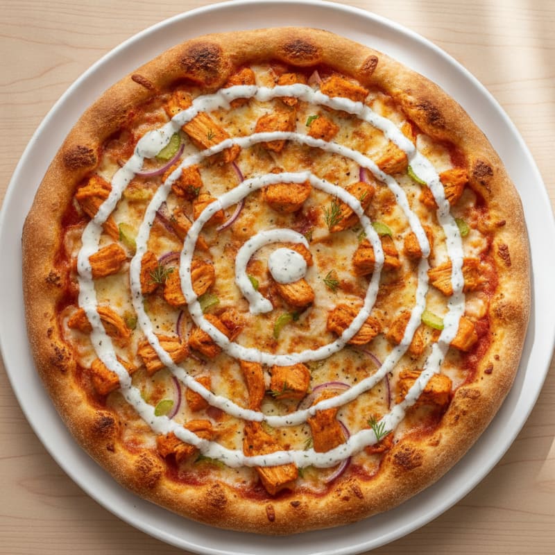 Buffalo Chicken Pizza with Ranch Drizzle