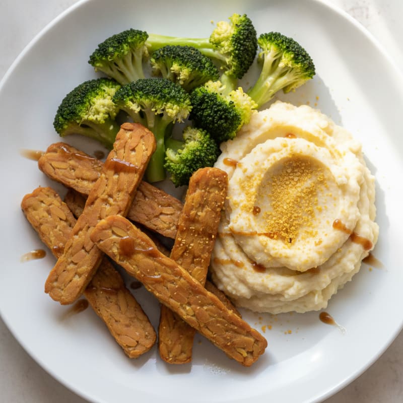 Roasted Tempeh with Steamed Broccoli and Cauliflower Mash
