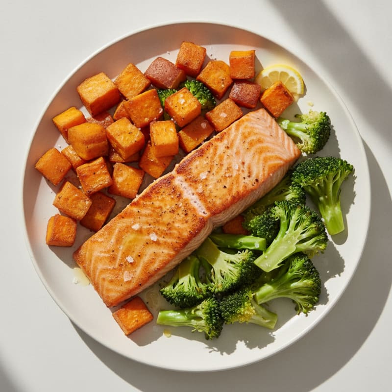 Seared Salmon with Roasted Sweet Potato and Steamed Broccoli