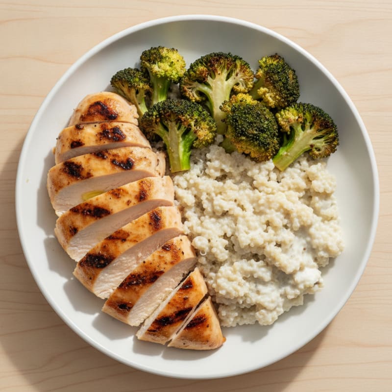 Grilled Chicken Breast with Creamy Quinoa and Roasted Broccoli