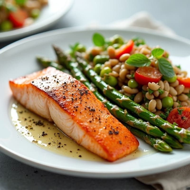 Seared Salmon with Roasted Asparagus and Lentil Salad