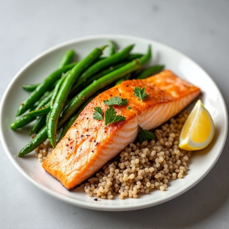 Seared Salmon with Steamed Green Beans and Brown Rice