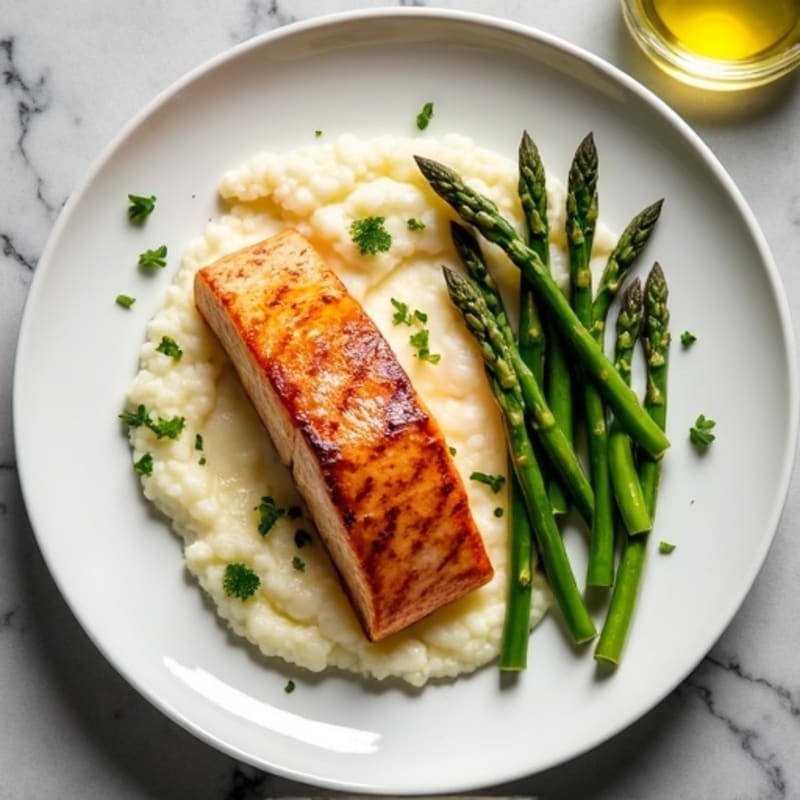 Seared Salmon with Steamed Asparagus and Cauliflower Mash