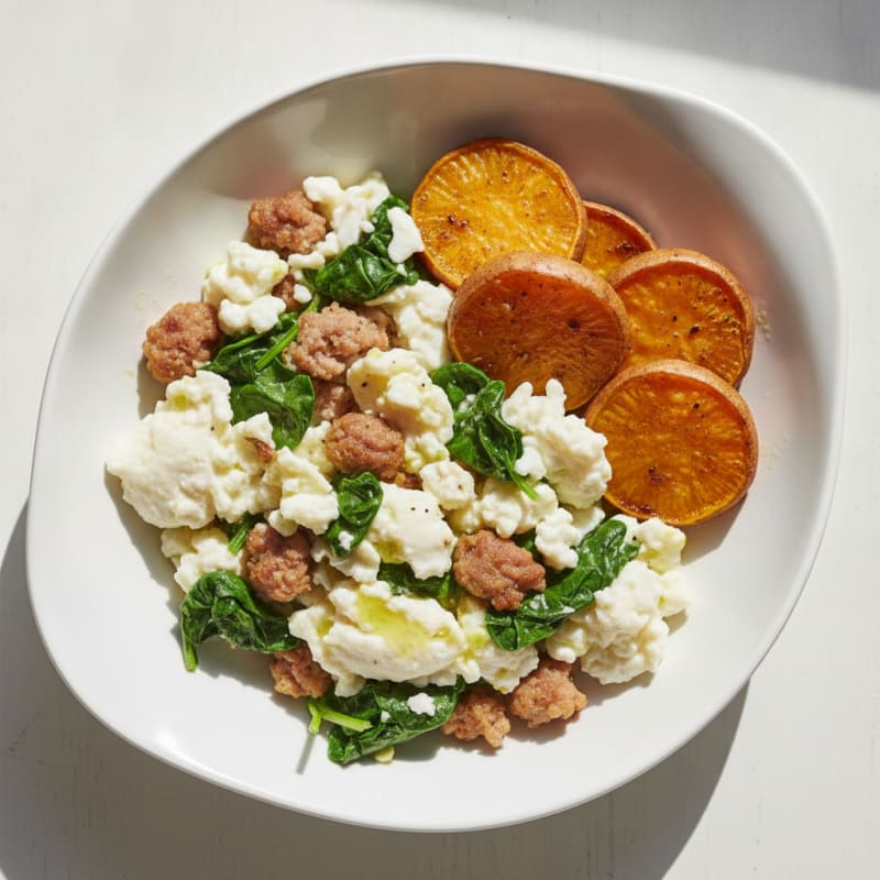 Egg White Scramble with Turkey Sausage and Spinach