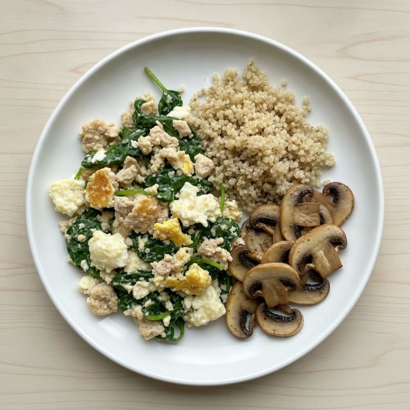 Egg White and Turkey Spinach Scramble with Sautéed Mushrooms