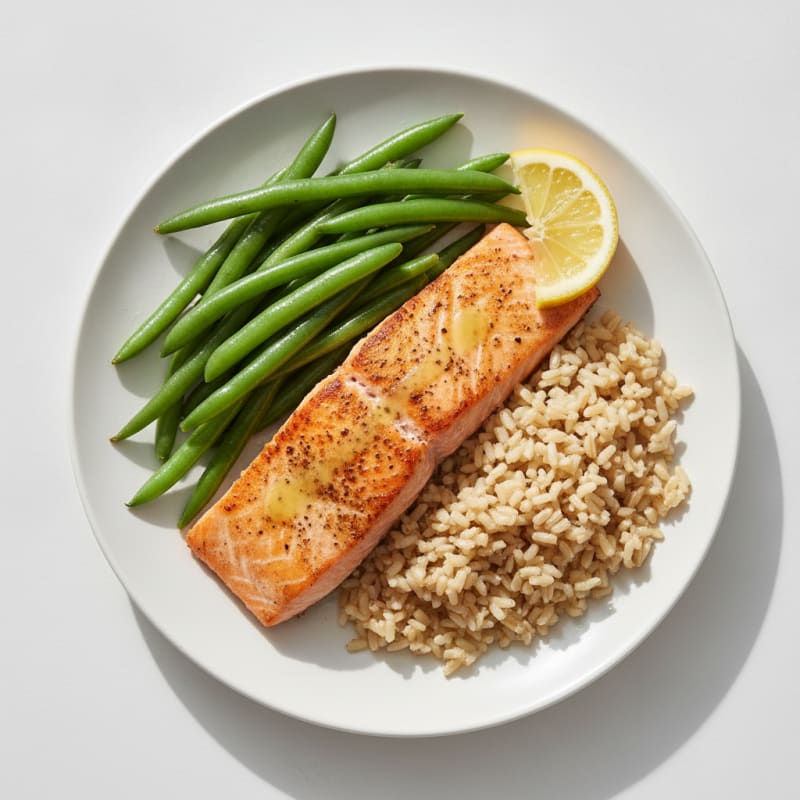 Seared Salmon with Steamed Green Beans and Brown Rice
