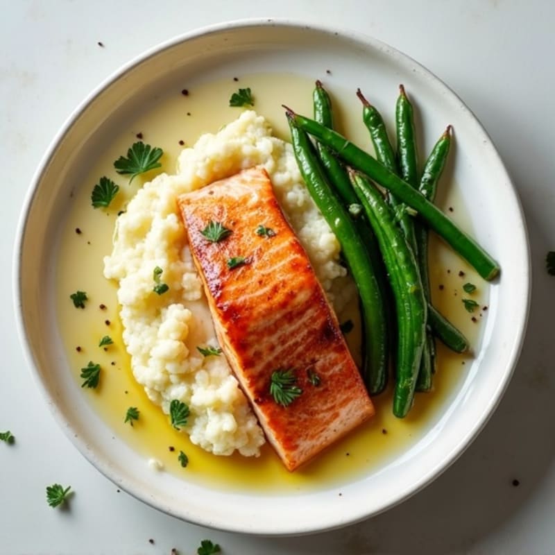 Seared Salmon with Garlic Green Beans and Cauliflower Mash
