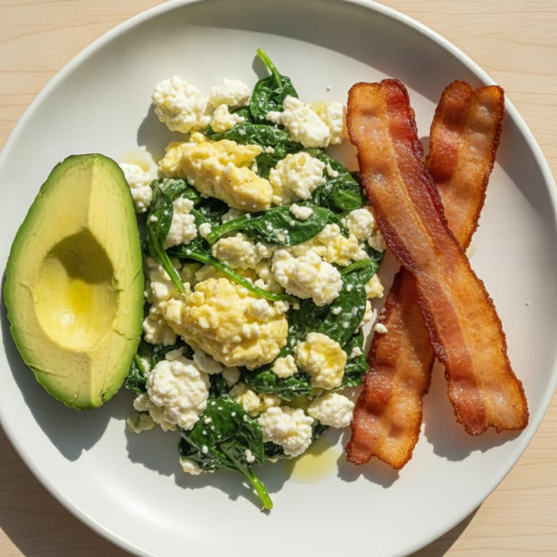 Cottage Cheese Egg Scramble with Sautéed Spinach and Turkey Bacon