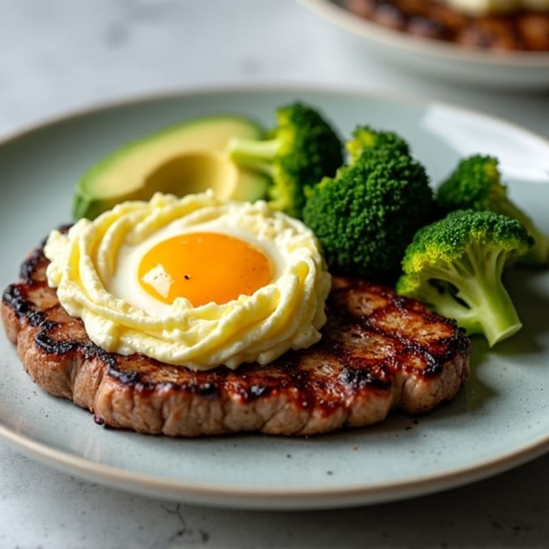 Pan-Seared Ribeye Steak with Soft Scrambled Eggs, Creamy Avocado, and Crispy Roasted Broccoli