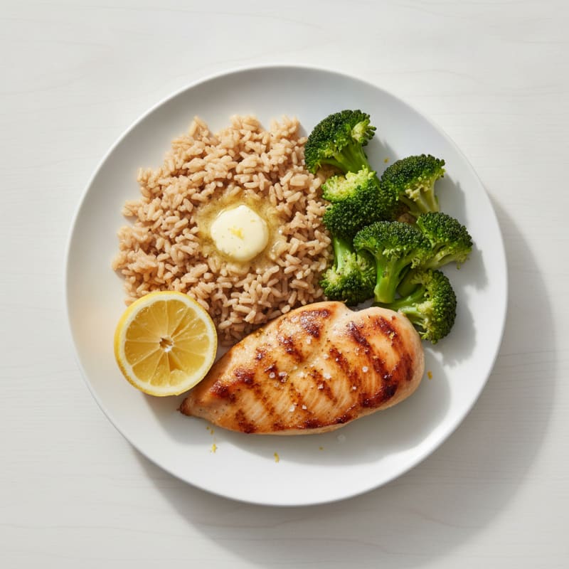 Grilled Chicken Breast with Steamed Broccoli and Brown Rice