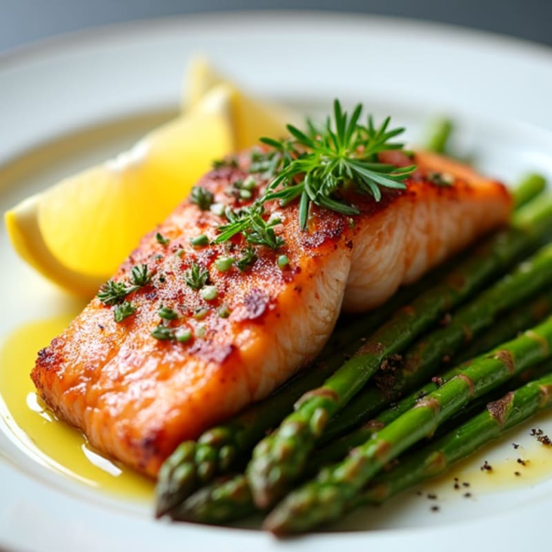 Seared Salmon with Steamed Asparagus and Lemon