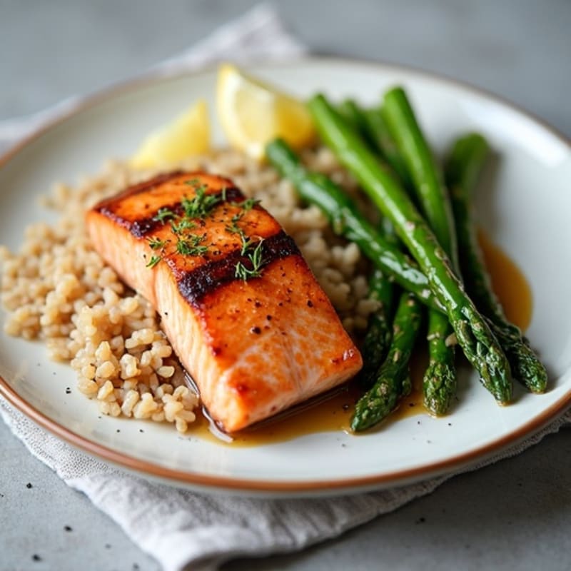 Seared Salmon Fillet with Steamed Asparagus and Brown Rice