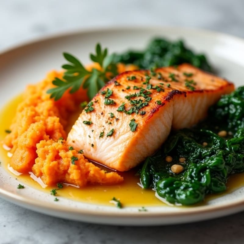 Seared Salmon with Garlic Sautéed Spinach and Sweet Potato Mash