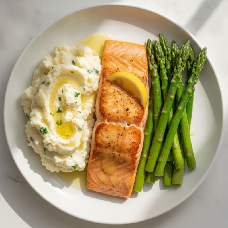 Seared Salmon with Steamed Asparagus and Garlic Mashed Cauliflower
